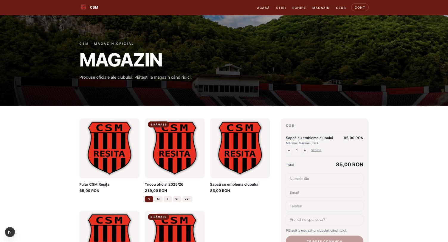 The club shop with sizes, stock and a basket.