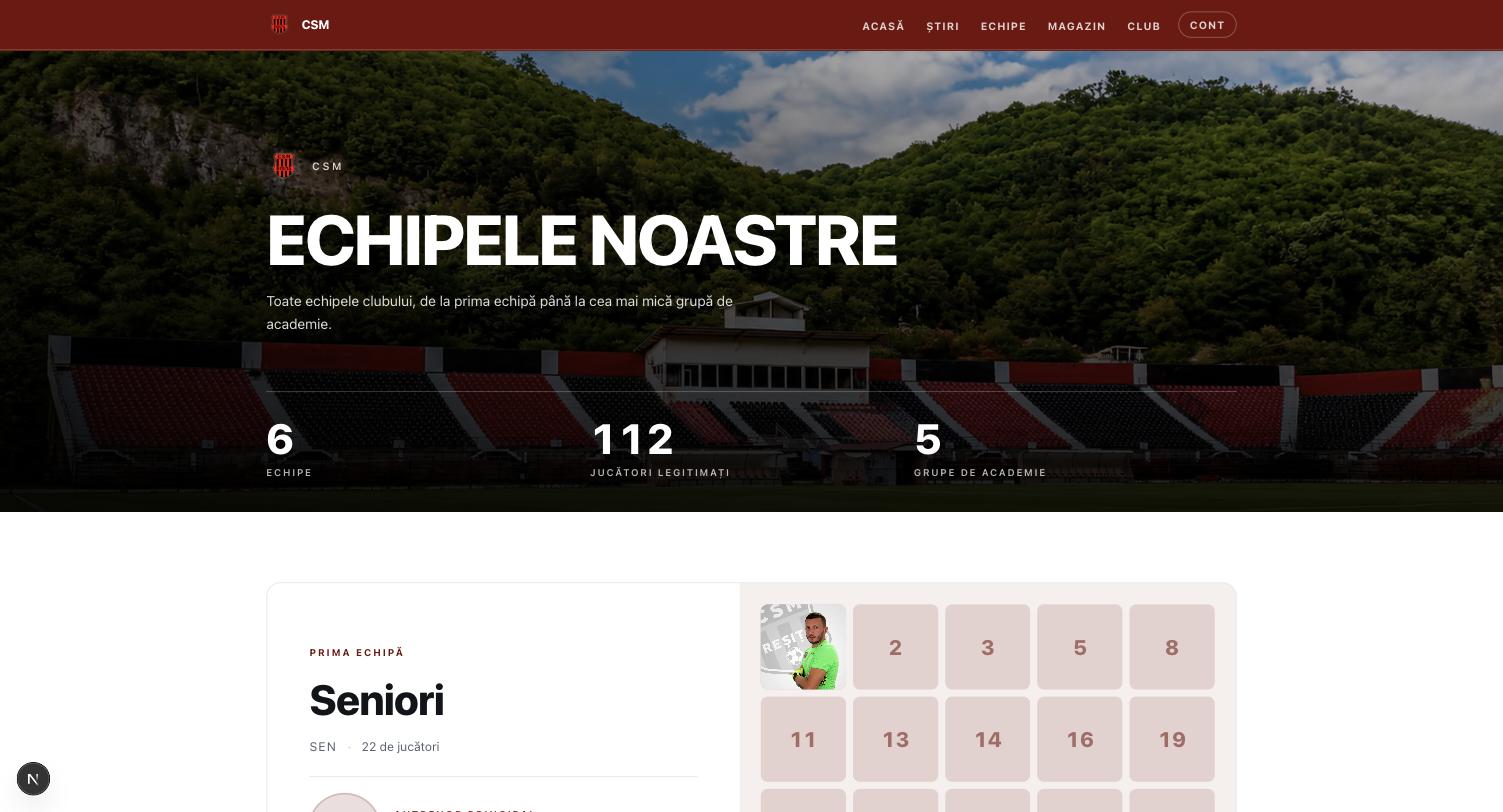 The squads page: every team, player counts and the head coach.